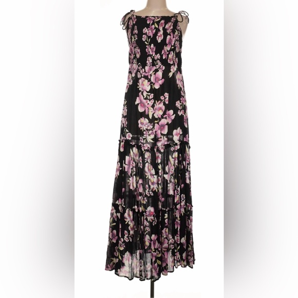 Free People Garden Party Maxi Dress Large Boho Floral Tie Shoulder Ruffle - Picture 2 of 9